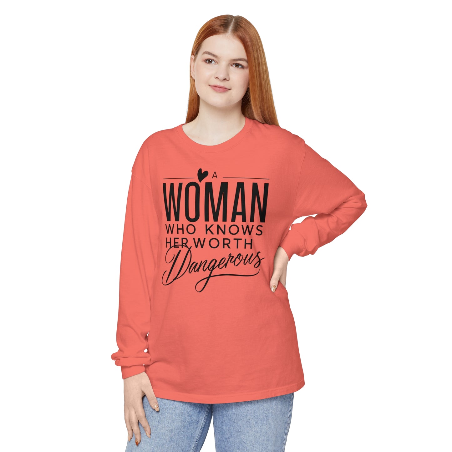 A Woman Garment-dyed Long Sleeve T-Shirt