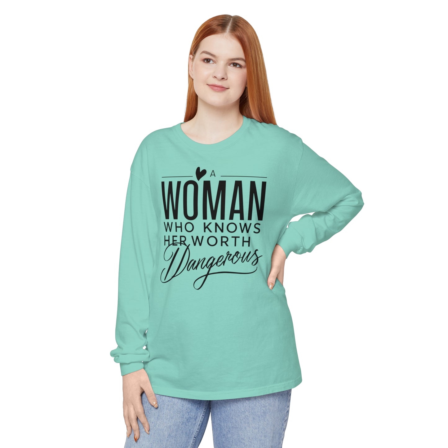 A Woman Garment-dyed Long Sleeve T-Shirt