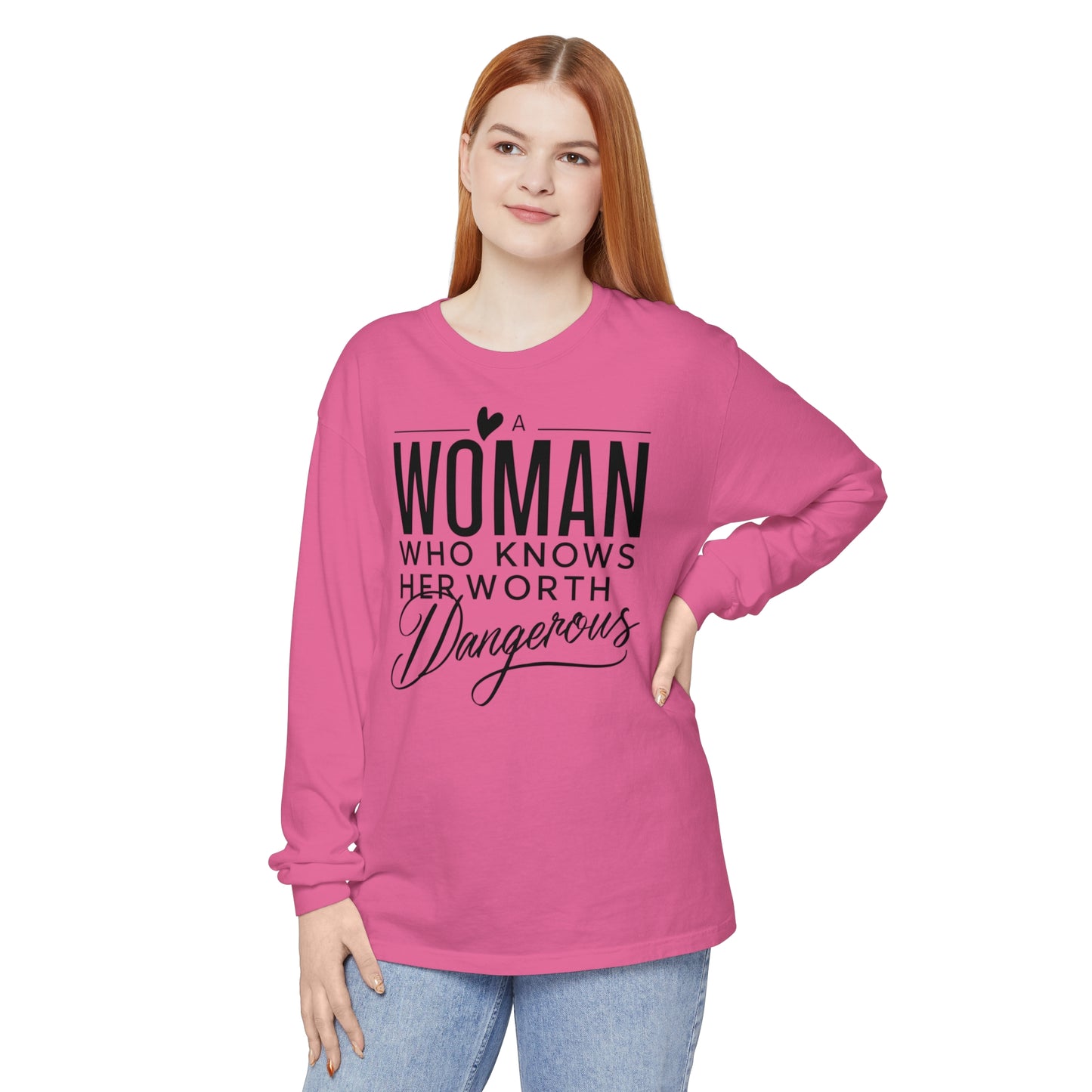 A Woman Garment-dyed Long Sleeve T-Shirt