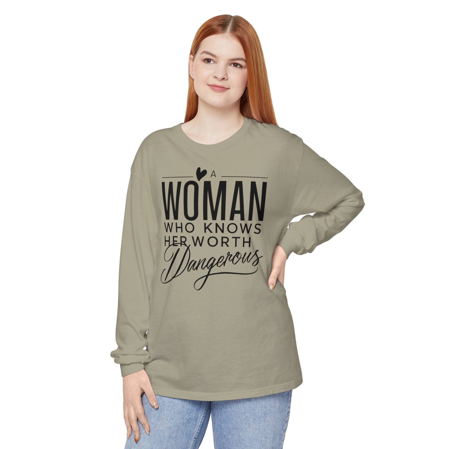A Woman Garment-dyed Long Sleeve T-Shirt