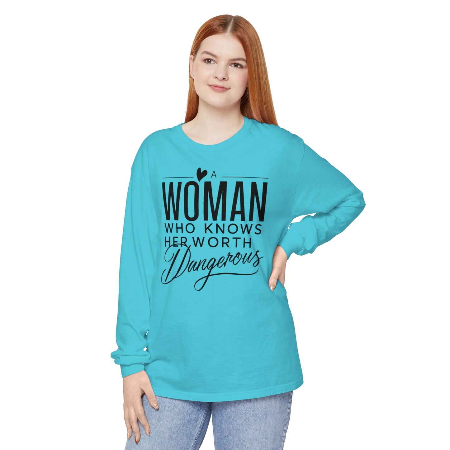 A Woman Garment-dyed Long Sleeve T-Shirt