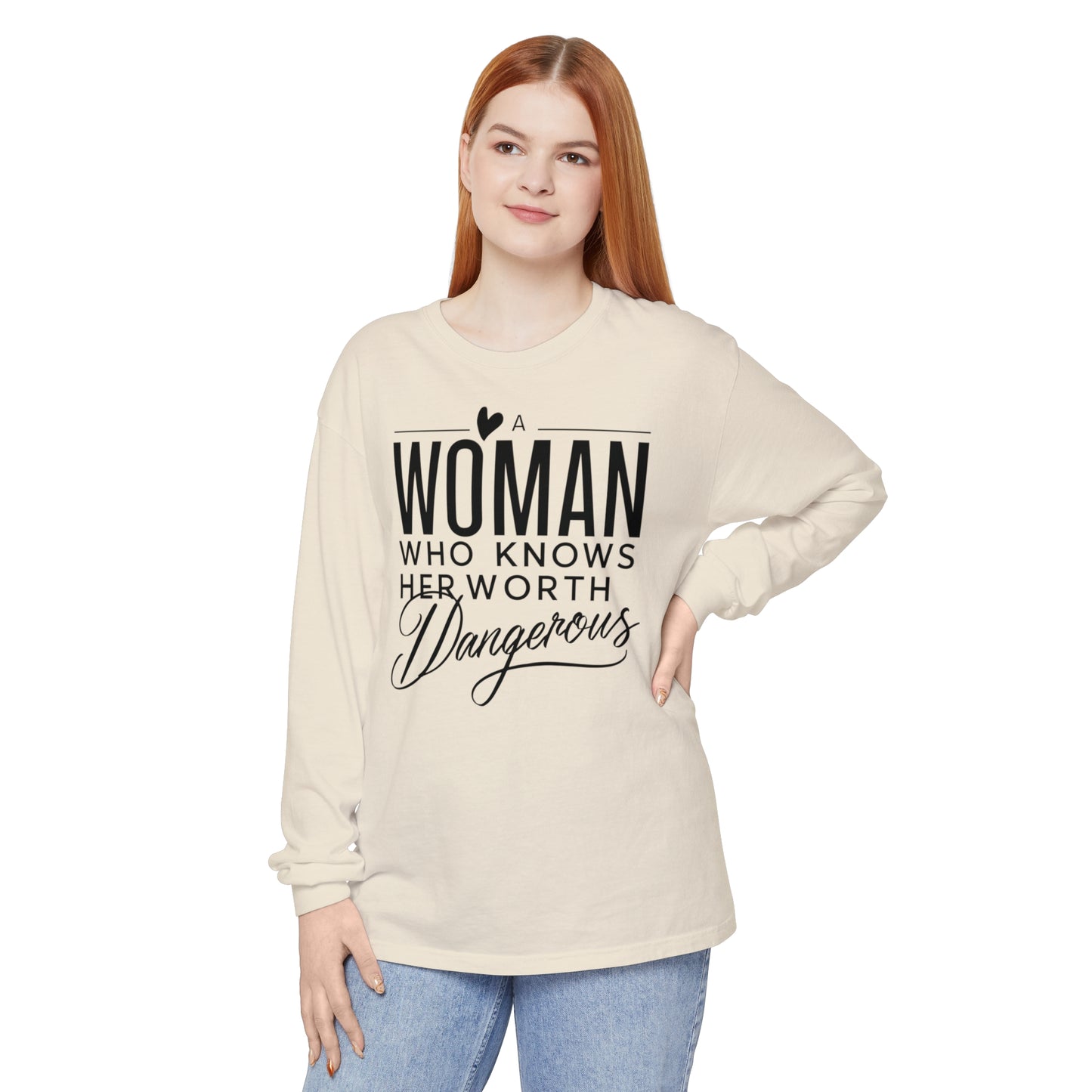 A Woman Garment-dyed Long Sleeve T-Shirt